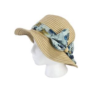 Mary Norton Woven Tan Paper Wide Brim Summer Beach Hat With Blue Butterfly Bow